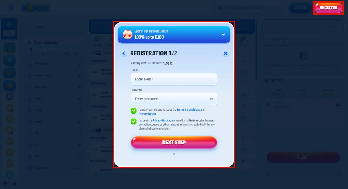 Registration in Casino Nomini Screenshot